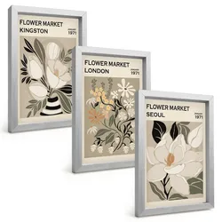 BILDER SET 3er Set - 20x30 cm Silberner Rahmen - Retro-Blumen aus Städten rund um die Welt