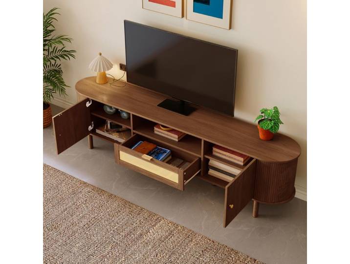 LPOSPI Meuble tv avec doubles portes et étagère ouverte pieds en métal et plateau arrondi en mdf noyer