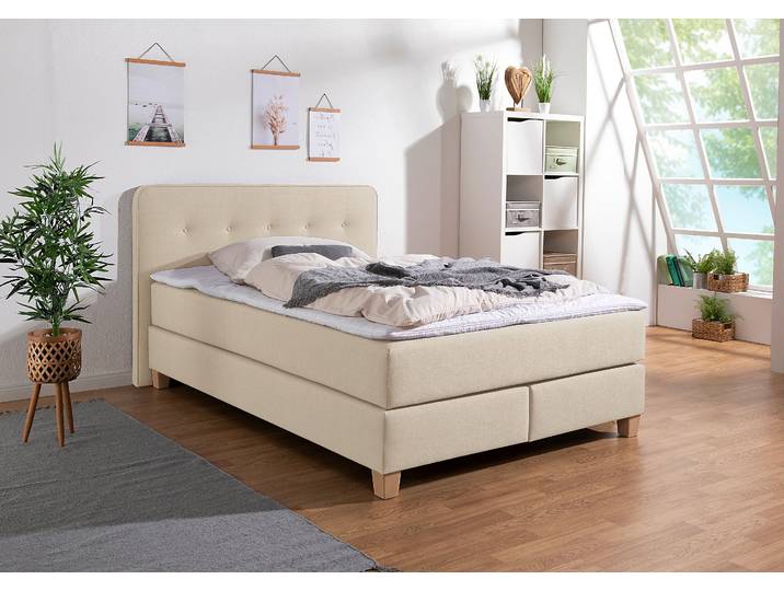 Boxspringbett, Strukturstoff, Beige, 153×207 cm, Mit Topper, Modern, Home-affaire