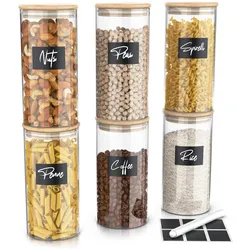 Arendo Aufbewahrungsbecher Glasbehälter-Set 6x 1,5L Borosilikat, Bambusdeckel, Aufkleber & Marker, Borosilikatglas; Bambus; Silikon