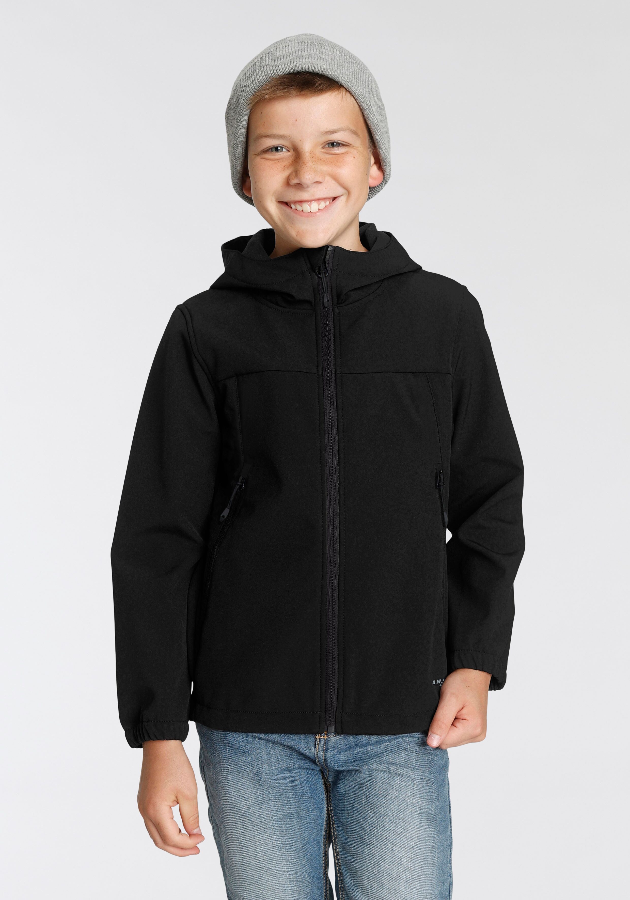 Softshelljacke ICEPEAK "ICEPEAK KONAN JR", Kinder, Gr. 116, schwarz, Softshell, Obermaterial: 95% Polyester, 5% Elasthan, unifarben, regular fit hüftlang, hoch geschlossener Ausschnitt, elastischer Bund, Jacken Softshelljacke, Reissverschlusstaschen, atmu