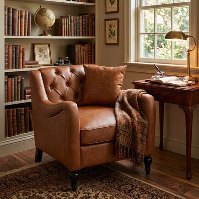 Loedds 30.3-Inch Faux Leather Accent Chair with Tufted Back & Nailhead Trim & Wood Legs