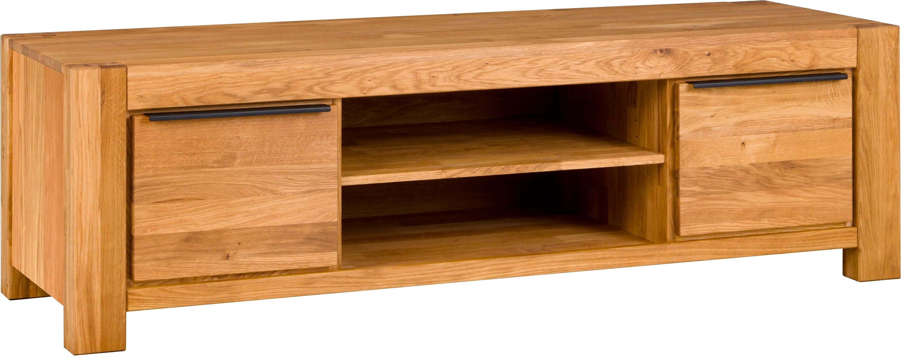 Lowboard HOME AFFAIRE "SINA B/T/H: 173/45/51cm, schwarze Griffe, teilmassiv", braun, Eiche, Holz teilmassiv, Sideboards, Lowboard, 2 offene Fächer, holztür inkl. Dämpfer braun Eiche