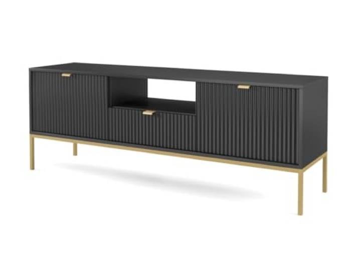 Emporius TV-Schrank 150 cm Galla - Zweitürige TV-Tisch, TV-Lowboard mit Schubladen - Gold Griffen, geriffelten Fronten - Schwarz + Gold