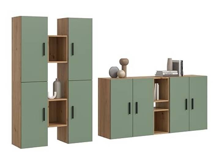 xonox.home – Wohnkombination The One 270x182x34 cm in Artisan Oak und Smoke Green – XXL Wand mit 8 Türen – 20 Fächer ermöglichen eine perfekte Organisation in einem harmonischen Farbspiel