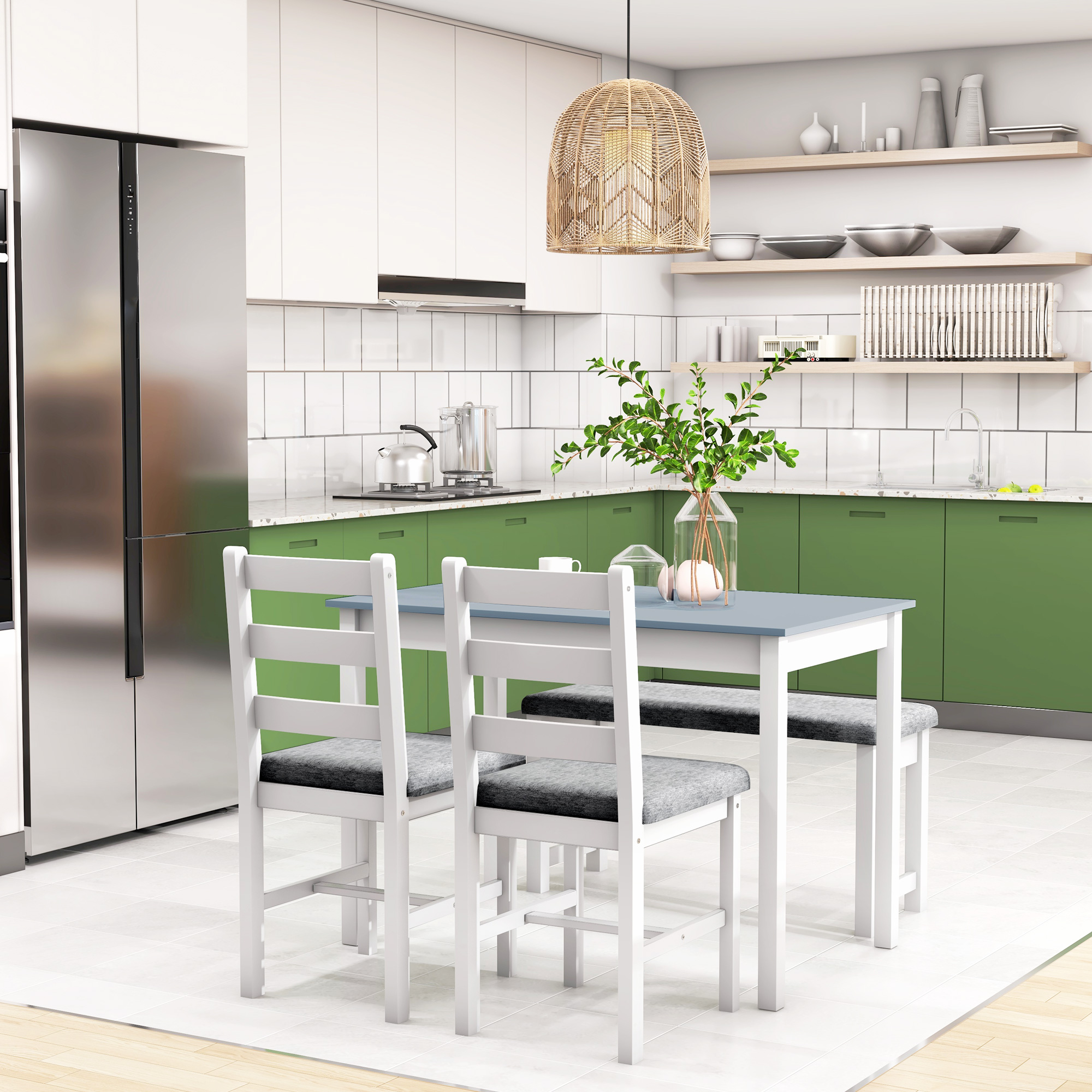 Homcom Insieme di sedie, Set da pranzo 4 pezzi, 1 Tavolo, 1 Panca, 2 Sedie, Grigio + Bianco