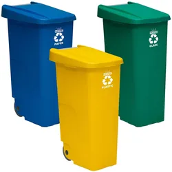 WellHome – Packung mit 3 110-l-Mülleimern, ideal zum Recycling, in den Farben Blau, Grün und Gelb