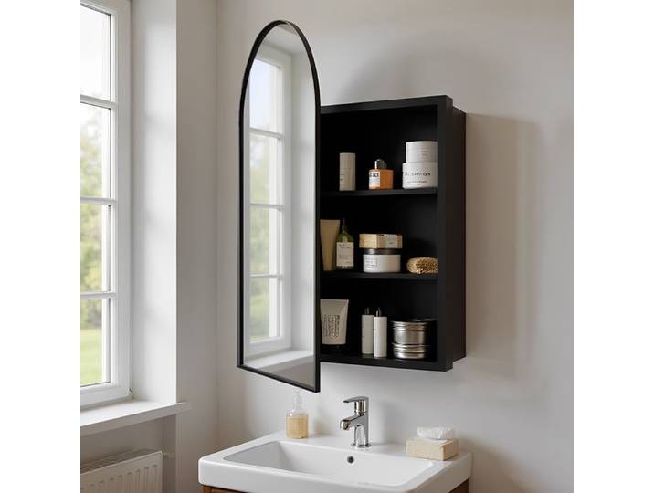 Armoire murale Salle de Bain avec miroir-Avec trois couches de Étagère réglable-Design de porte voûtée-88x51.5x18.5cm-noir