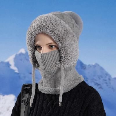 Uplift Essentials Integrated Velvet Knitted Balaclava Thermal Ear Protection And Hooded Mask grey