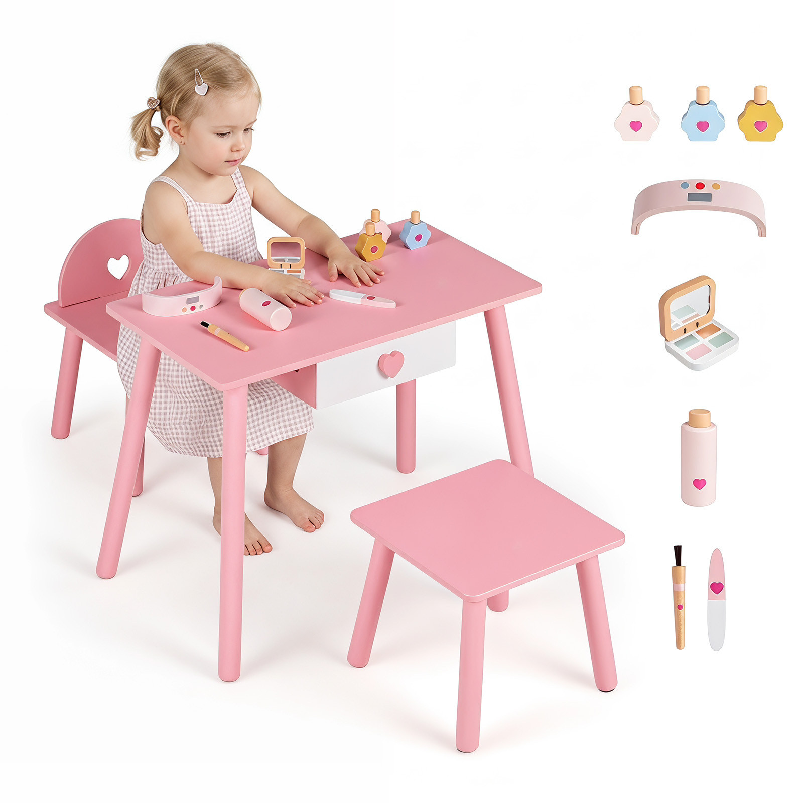 Costway Kinder Nageltafel met Stoel en Kruk Manicure Set van Hout