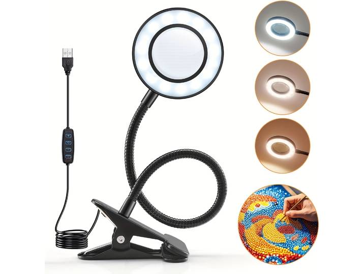 Lampe loupe à 48 LED avec pince, lampe de bureau à col de cygne réglable, 3 températures de couleur (blanc froid/neutral/jaune chaud)