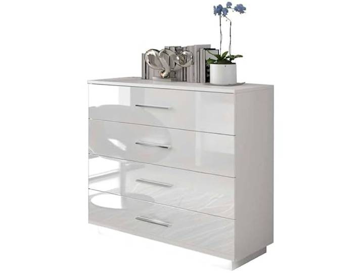Lookway Kommode LINA 95 Weiß Hochglanz mit LED-Beleuchtung, Griffe, Moderne Schubladenkommode, 95x84x40 cm (Chrom Griffe)