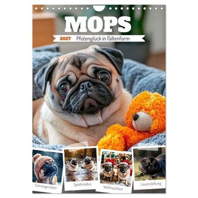 MOPS Pfotenglück in Faltenform (Wandkalender 2027 DIN A4 hoch), CALVENDO Monatskalender
