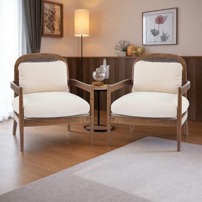 "26.6"" Solid Wood Mid-Century Modern Accent Chairs with Rattan Backrest and Striped Fabric Cushion"