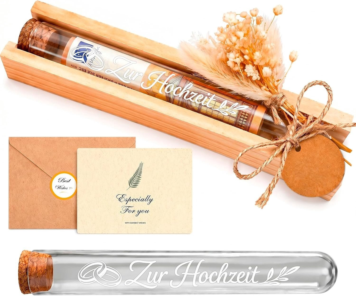 Unieke glazen buizen met gedroogde bloemen als creatief geldcadeau voor bruidsparen