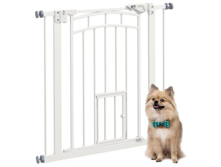 Barrière de sécurité pour chien Pawhut 74-80 cm avec double verrouillage par pression et extension pour porte et escalier, blanc