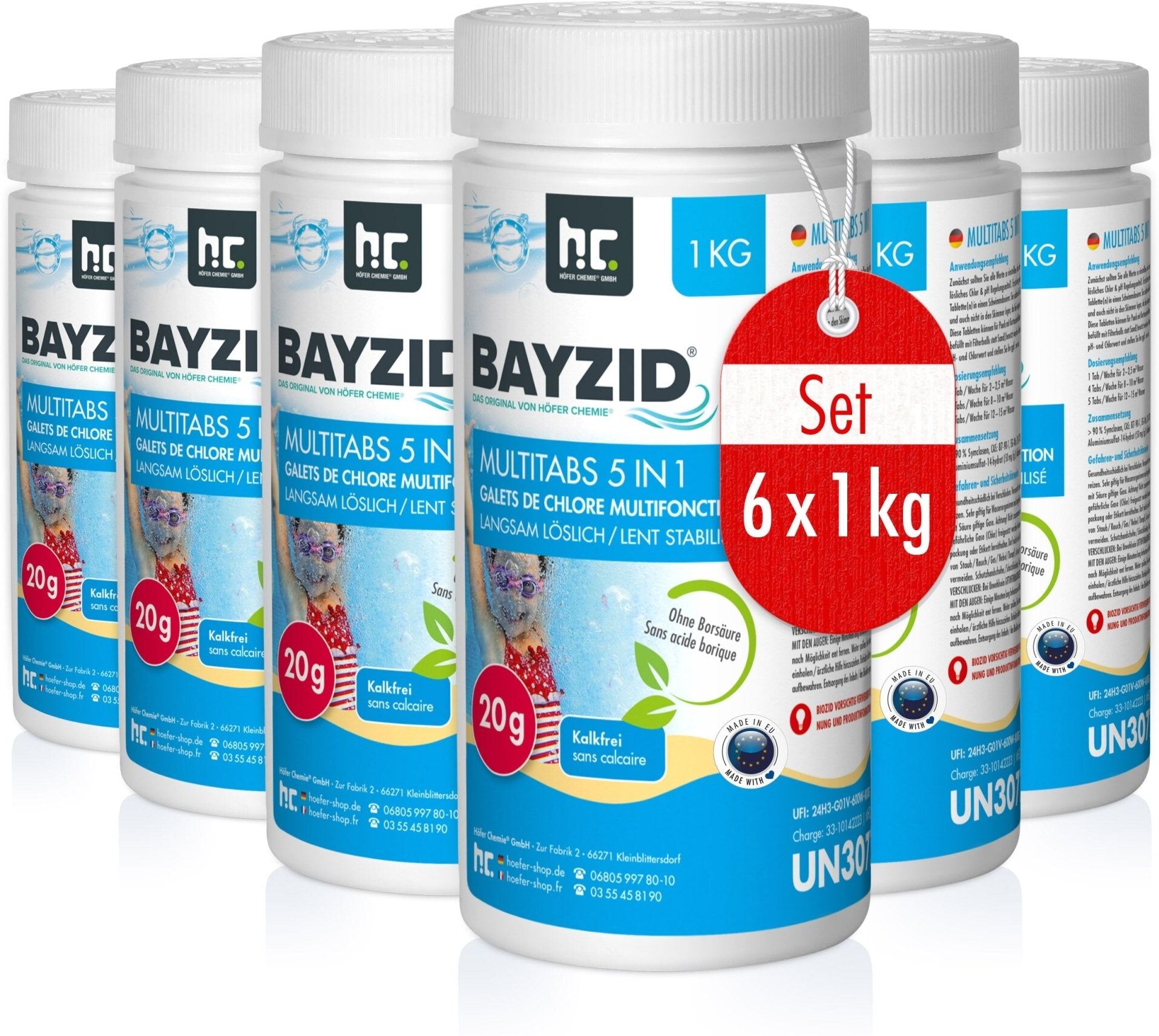 Höfer Chemie GmbH 6x 1 kg Pastilles de chlore multifonction 20g 5 en 1  en pot de 1 KG