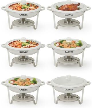 Garvee Round Chafing Dishes for Buffets, 5QT Maifanite-Coated White Buffet Set with Glass Lids, Stainless Steel Food Warmers