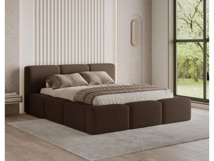 Chilly Möbel Design Lit Como - Lit rembourré avec coffre\, sommier et tête de lit 140x200 cm / Bouclé / Marron