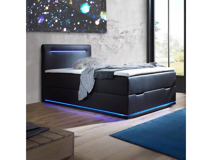 Boxspringbett Xaya Kunstleder mit Beleuchtung und Bettkasten 140x200 cm Bonellfederkern-Box Härtegrad: H3 Schwarz