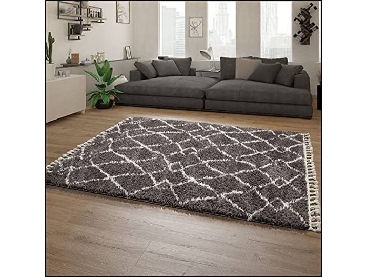 Paco Home Hochflor Teppich Wohnzimmer Shaggy Skandinavisch Fransen Flauschig Modern Langflor, Grösse:140x200 cm, Farbe:Anthrazit