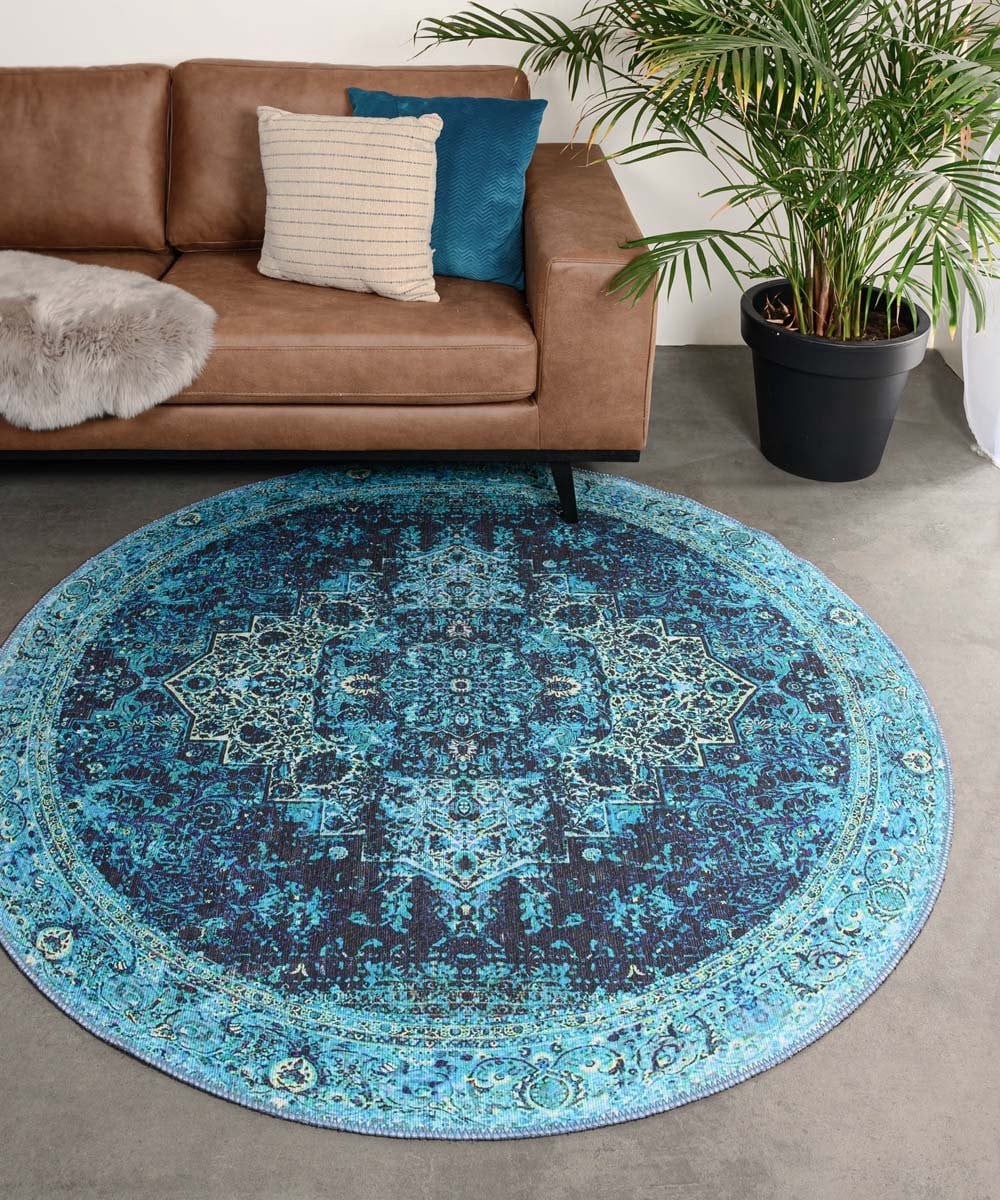 Rond vintage vloerkleed Fade No.2 blauw