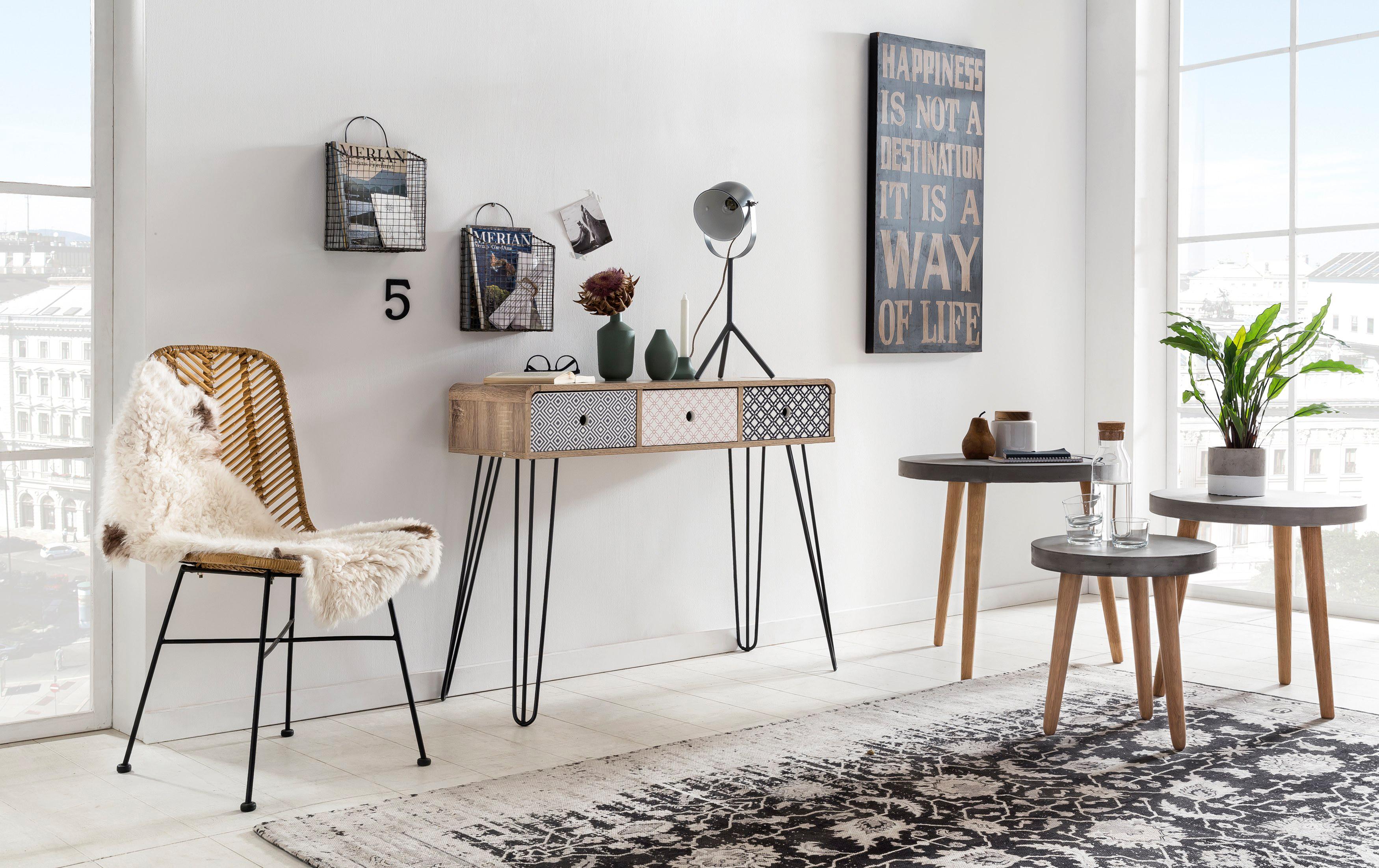 Konsolentisch SIT "Hvar im Scandi-Shabby-Chic mit 3 grifflosen Schubladen", bunt, B:99cm H:80cm T:35cm, Tische, Konsolentisch, White-Wash-Oberfläche mit blau-weissen Fronten im Vintage-Look bunt B/H/T: 99cm x 80cm x 35cm