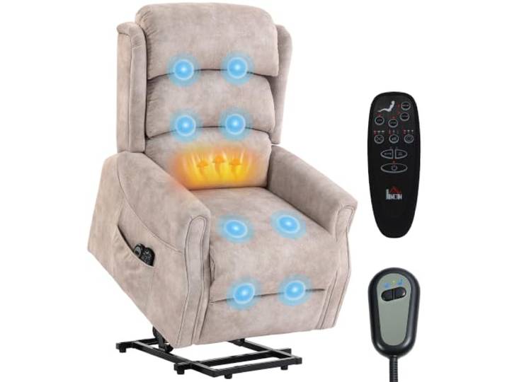 HOMCOM Elektrischer Lift-Sessel Massage Vibration Wärme Beige Elektrischer Sessel, Samt, verstellbare Rückenlehne, Federkissen, Seitentaschen, Fernbedienung, Ottoman