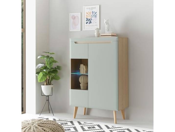 Lomadox Wohnzimmer Esszimmer, Vitrinenschrank, Vitrine in Grün Matt mit Eiche inkl. Beleuchtung