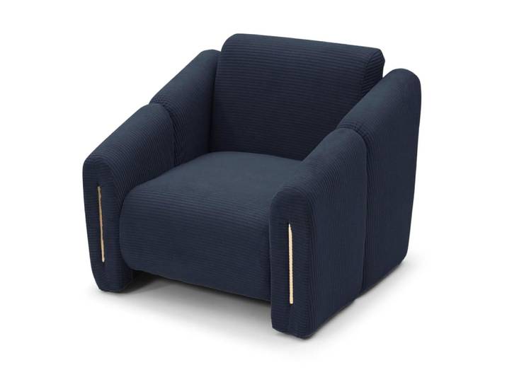 Fauteuil design métal doré et velours côtelé bleu foncé