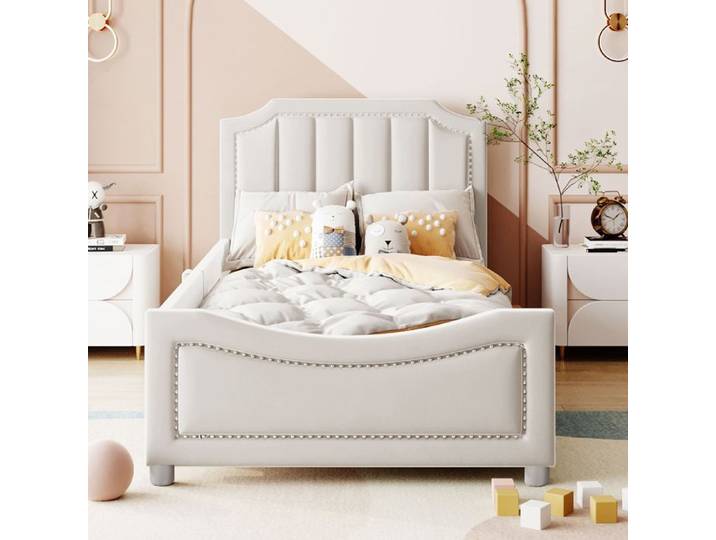 BEL Lit enfant capitonné 90x200 cm canapé-lit flanelle multifonctionnel dossier/accoudoirs parent-enfant beige