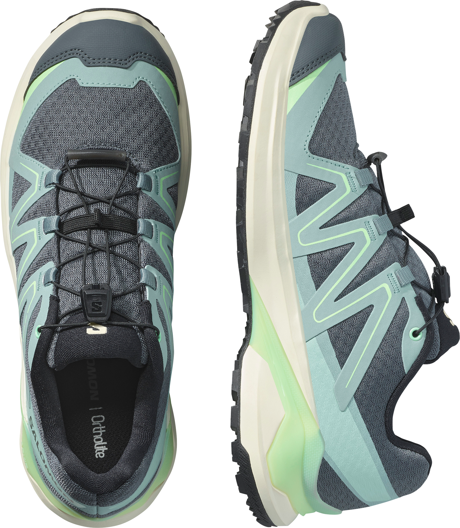 Trailrunningschuh SALOMON "EXAMOTION", Damen, Gr. 38, atmungsaktiv, blau (turbulence, vanilla ice, patina grün), Synthetik, Textil, Schuhe Trailrunningschuh, für mehr Grip