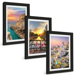 BILDER SET 3er Set - 20x30 cm Schwarzer Rahmen - Sonnenuntergang am Meer