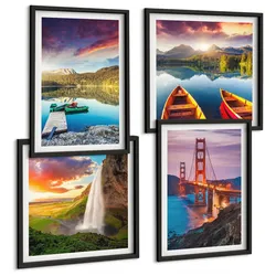 BILDER SET 4er Set - 50x50 cm & 40x60 cm Schwarzer Rahmen - Bergseen, Boote, Brücken