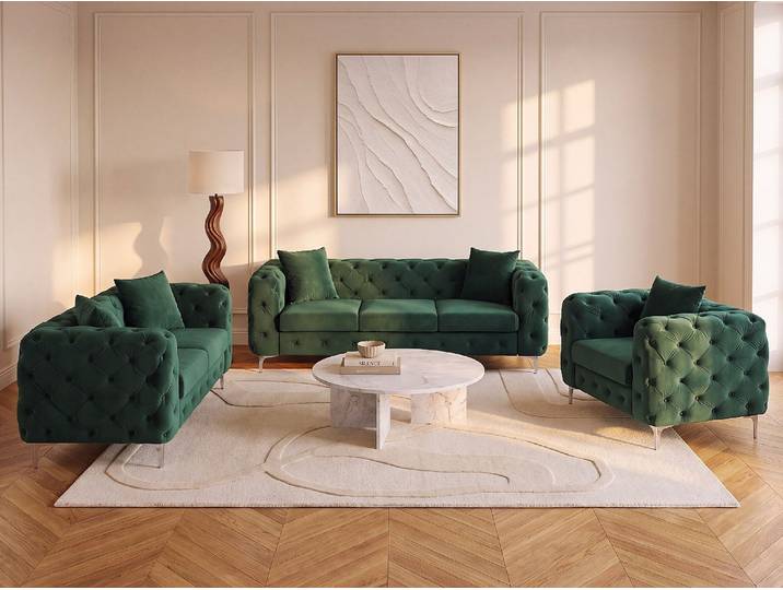 Chesterfield-Sofa 3-Sitzer, 2-Sitzer und Sessel - Samt - Grün - EDWINA