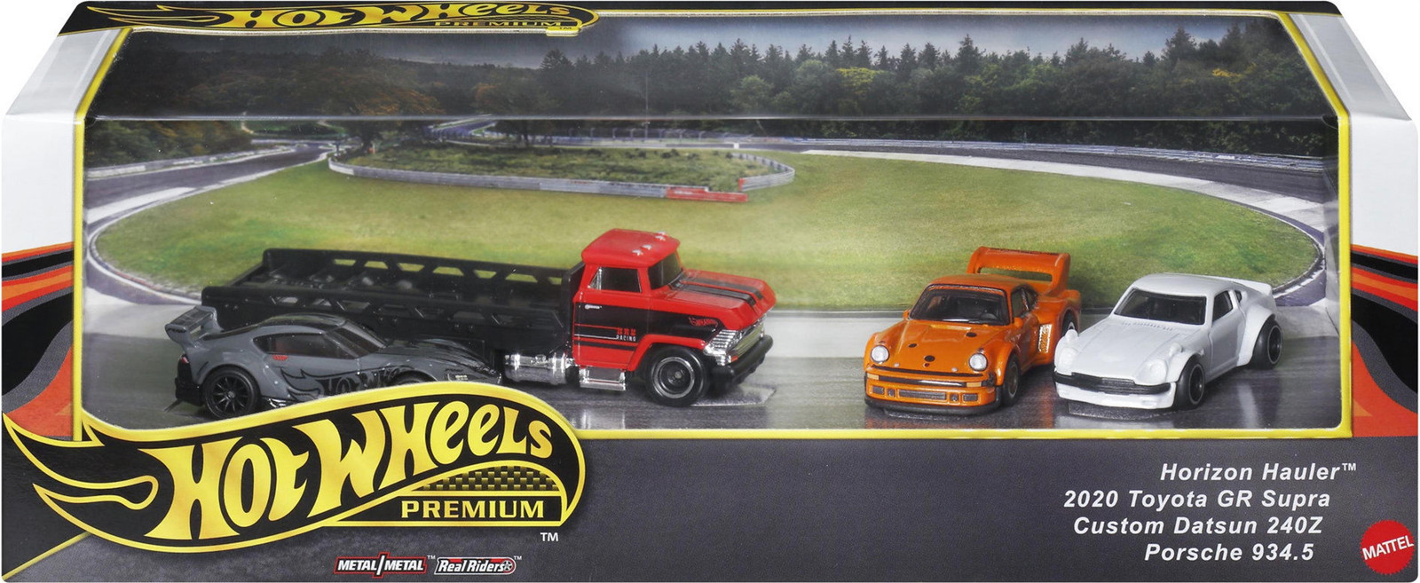 Hot Wheels Premium 4-delige set met Transporter, Toyota GR Supra, Datsun 240Z en Porsche 934.5
