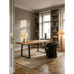 Schreibtisch Massivholz Baumkante Trapezgestell, Akazie 140x80x76 cm