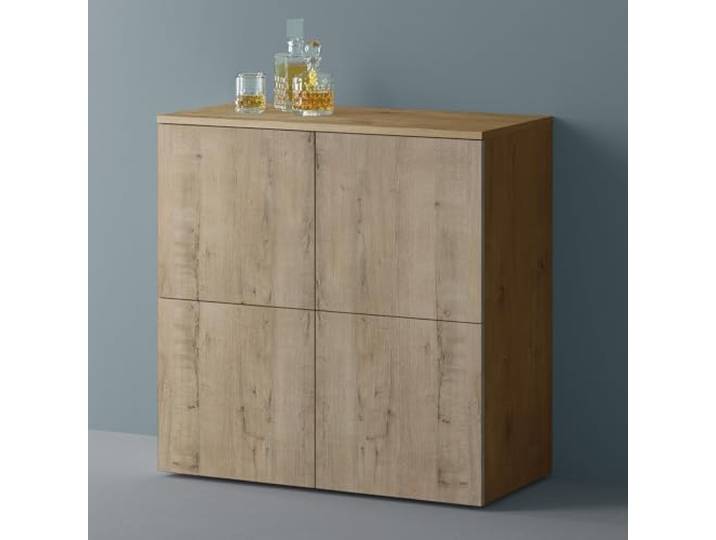 Mai & Mai Sideboard 76cm Kommode 4 Türen Soft-Close grifflos Stauraum Sideboard Wohnzimmer, 4 Stauräume, verstellbare Füße, Flurschrank, Kerneiche + Eiche Greige, BxTxH:76x36,4x74cm, Schrank04