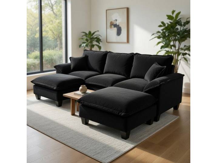 Xylo Canapé angle L modulaire design bateau ottoman mobile 2 coussins doux tissu chenille salon appartement noir