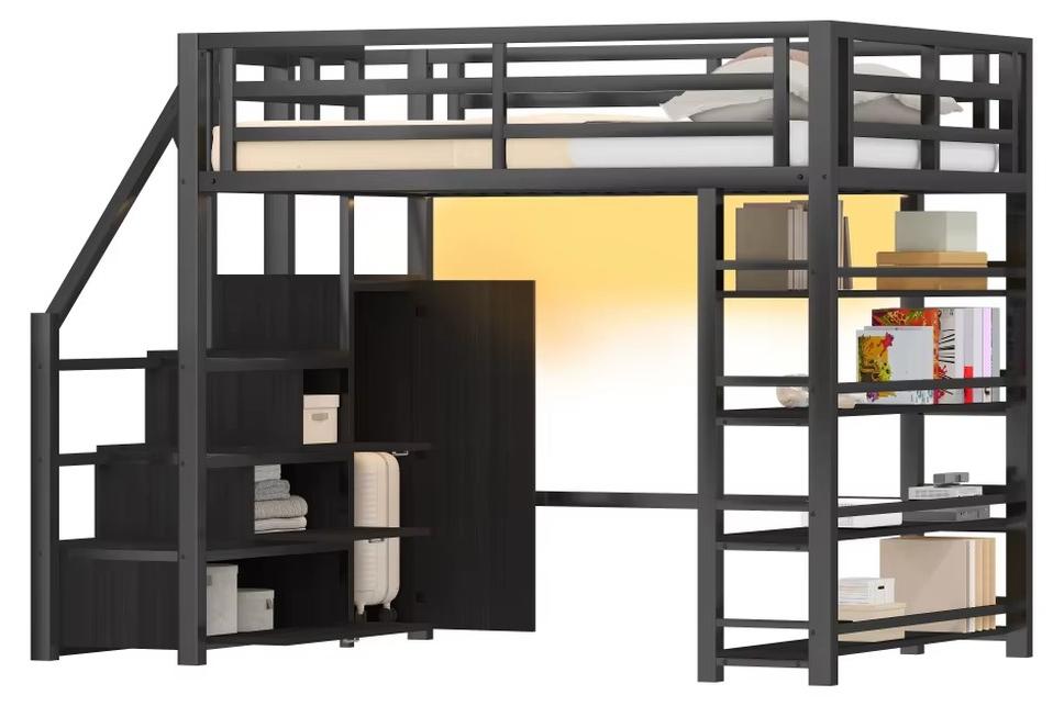 Etagenbett - 140 x 200 cm - Robuster Metallrahmen - Stauraum mit Schränken und Kleiderschrank - Integrierte LED-Beleuchtung - Schwarz - Ohne Matratze