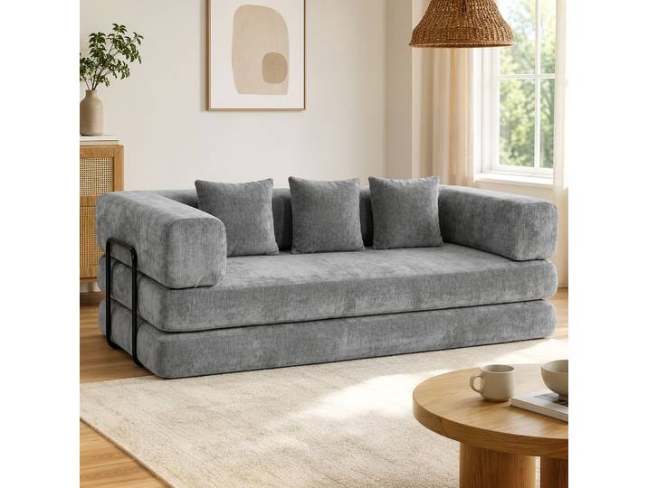 HOMCOM Canapé Convertible 3 Places Chenille Gris 205cm 5 en 1