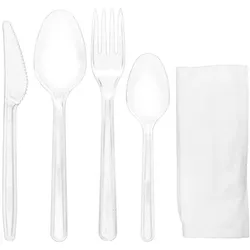 MONOUSO - Wiederverwendbares PS Besteckset Gabel, Messer, Löffel, Teelöffel und Serviette (25 Stück)