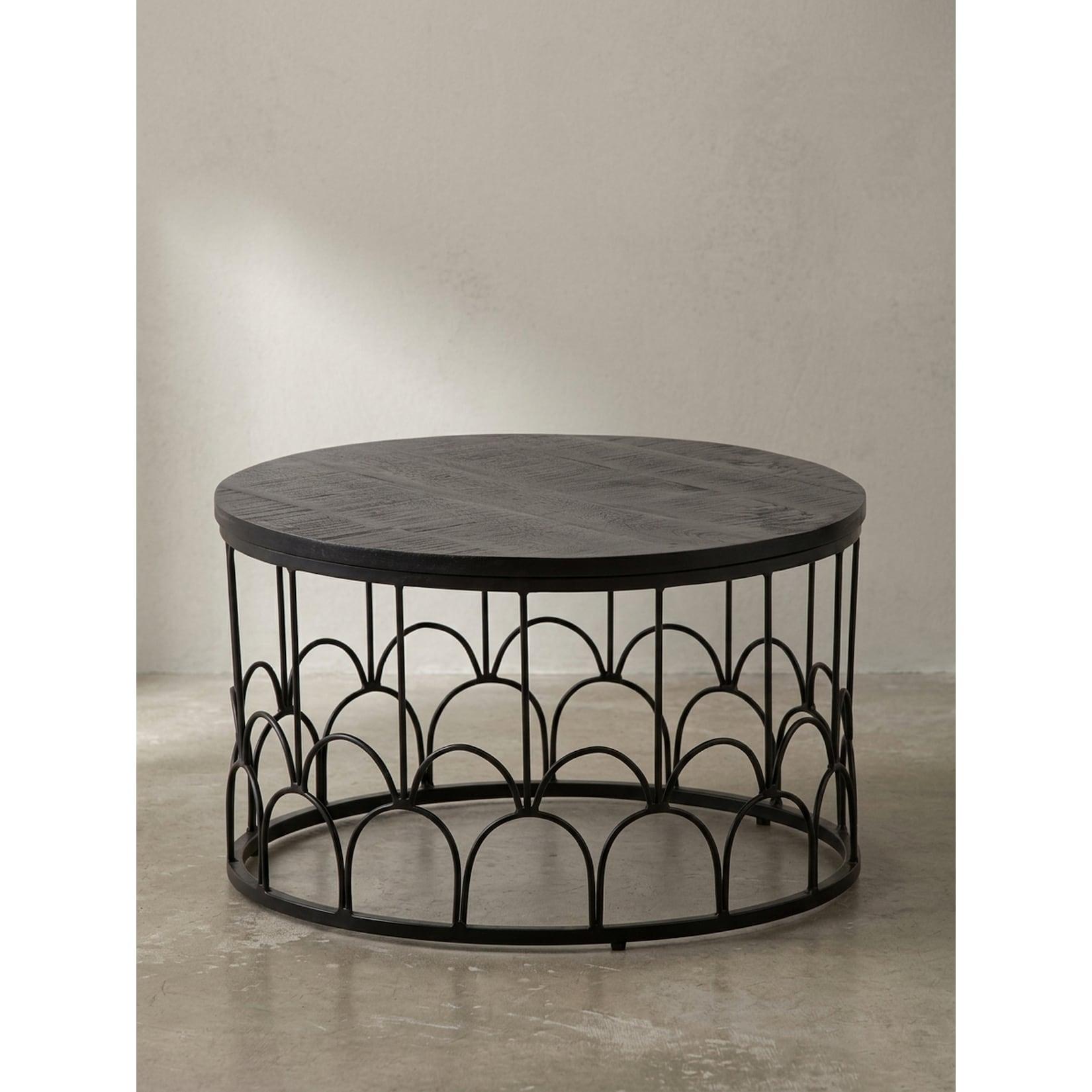 Couchtisch Rund in Schwarz aus Mango Massivholz mit Metallgestell, 60x60x36cm, Industrial Design