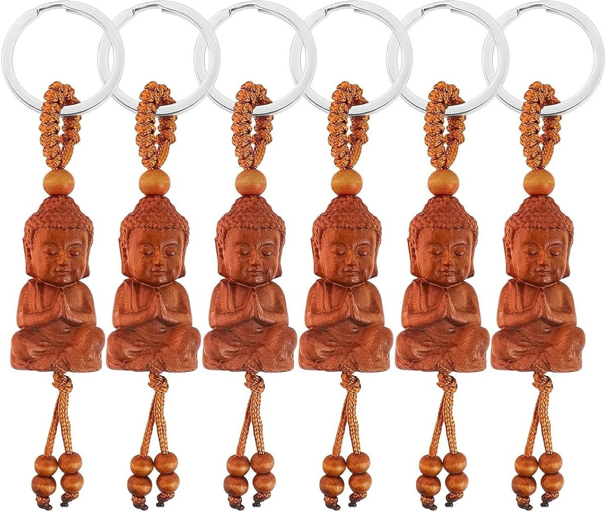 Allecto Plus Houten Boeddha Sleutelhangers 6 stuks - Bruin - Decoratieve Boeddha Hoofd Geluksbrenger