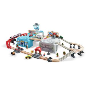 Hape Spielzeugeisenbahn E3773 Großstadtlandschaft, aus Holz, Flughafen, batteriebetrieben, 80 Teile