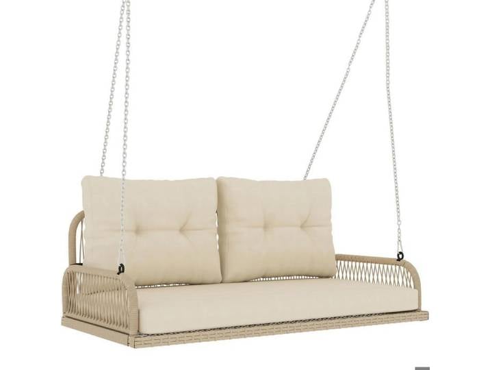 Banc Suspendu 2 Places Résine Tressée Balancelle de Jardin avec Coussins Déhoussables et Chaînes en Acier 115x66x44cm Beige