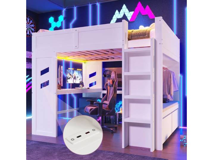 Lit mezzanine 140x200cm lit jeu avec bureau éclairage LED 1 port USB 1 port Type-C bureau tiroir étendoir à linge blanc