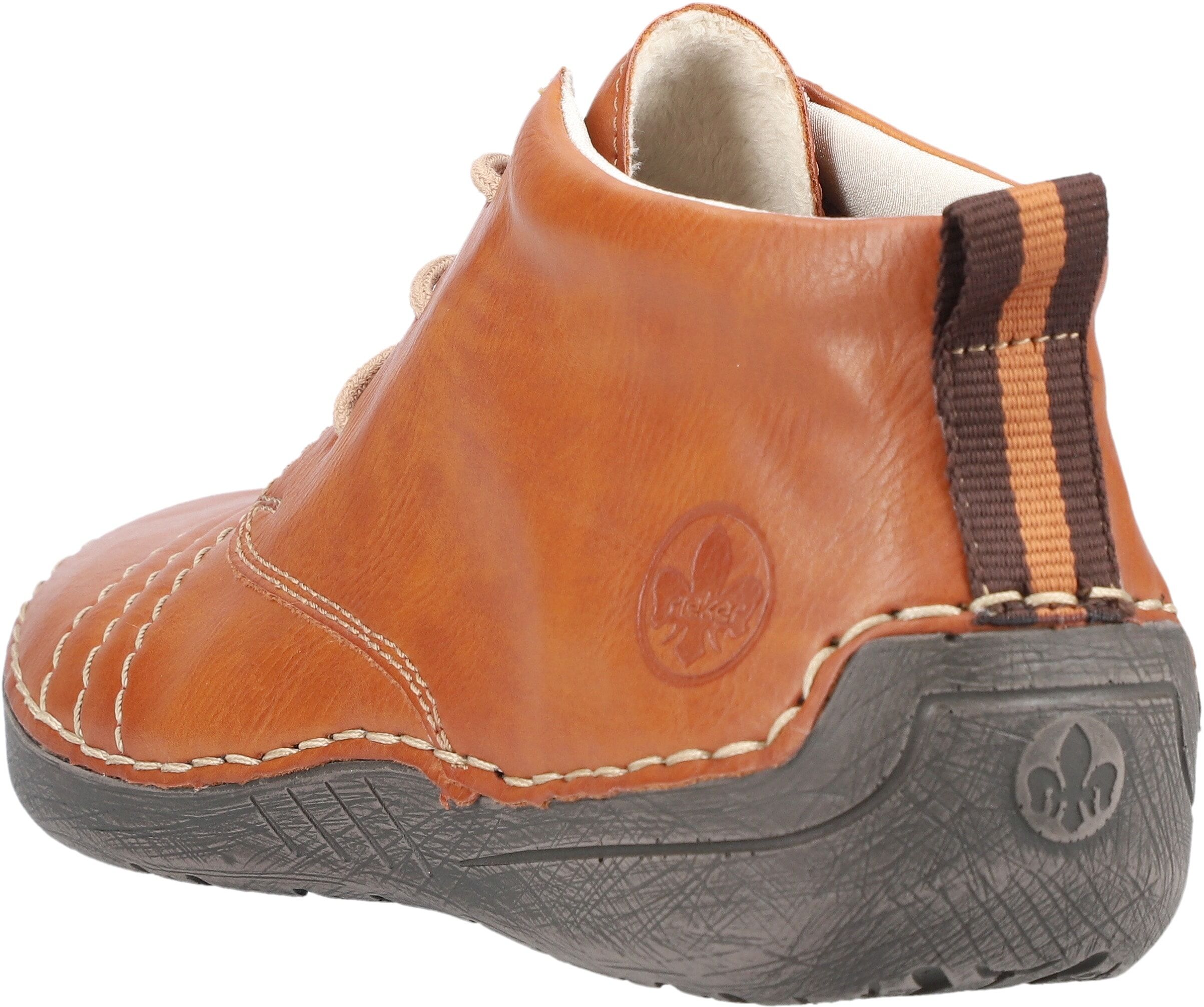 Schnürboots RIEKER, Damen, Gr. 39, Textil, braun (cognac), Lederimitat, Schuhe Schnürboots, mit feinen Ziernähten