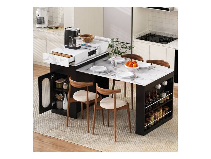 Odikalo Kücheninsel mit faltbarer Tischplatte Steckdosenleisten und Haken, (dient als Kücheninsel, Sideboard oder Bartisch für Küche und Esszimmer)