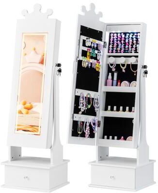 Costway Kids Jewelry Armoire with 3-Color Lighted Full Length Mirror and Inside Led Lights-White